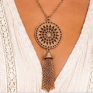 Boho Golden Openwork Sunburst Medallion Chain Tassel Long Pendant Necklace